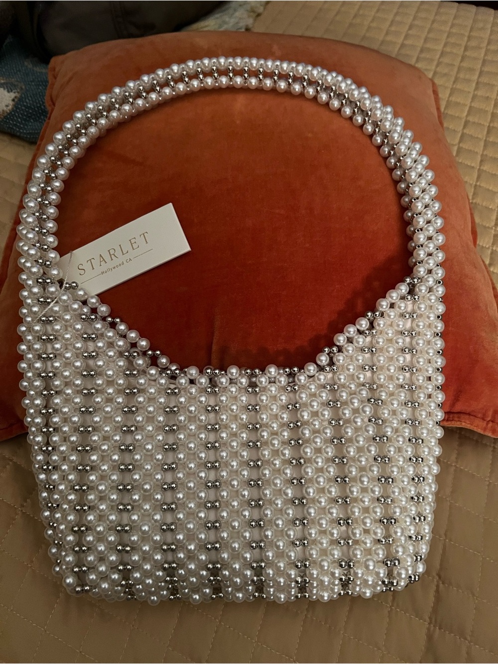 Faux-Pearl and Metal Beaded Tote- Lined interior-Magnetic closure-New